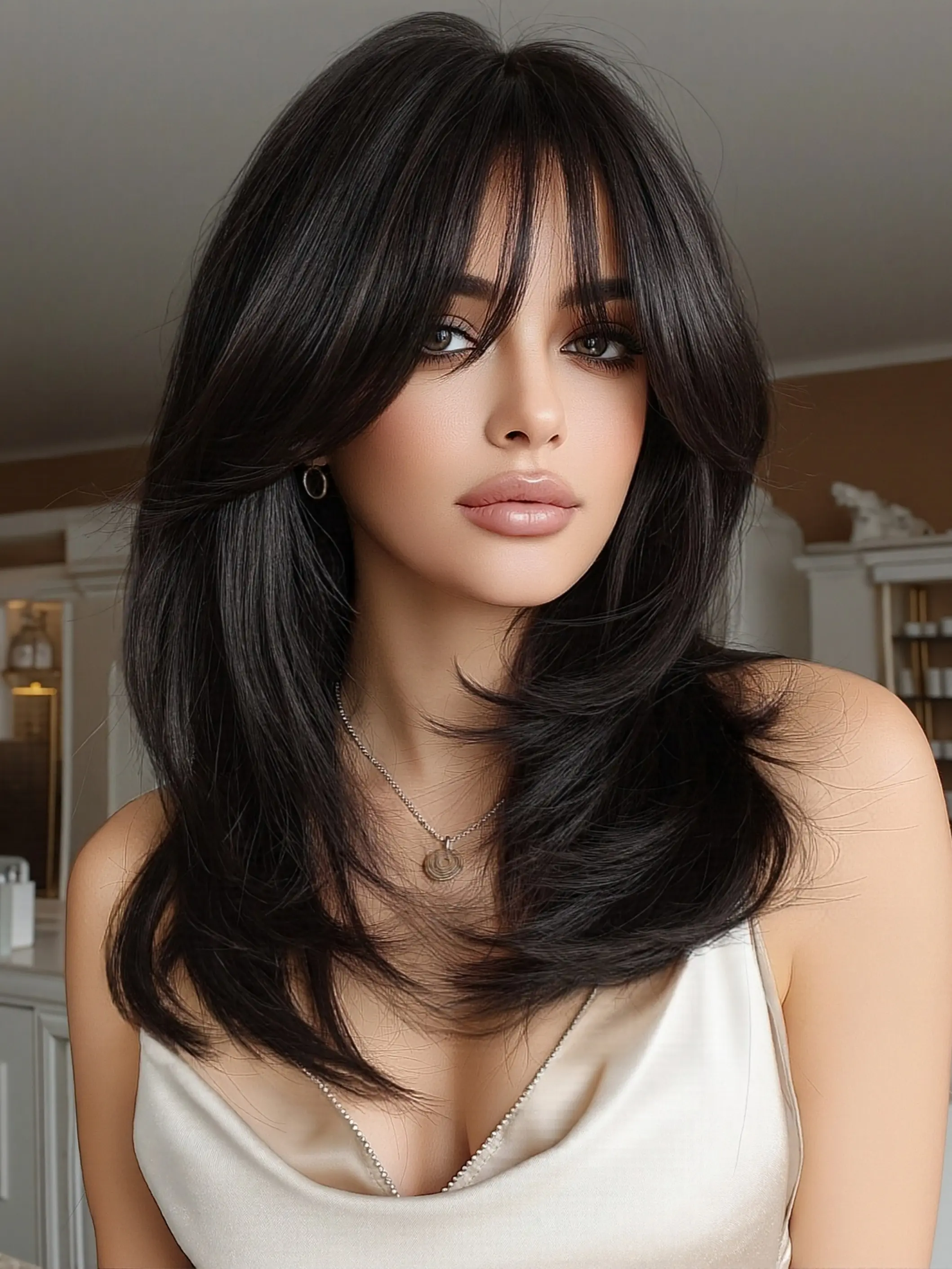 Shoulder-Length Wig with Bangs, Heat Resistant Synthetic Hair, Medium Length, Straight Style, All Seasons, No Ca Prop 65 Re, Synthetic Smooth Wig, Synthetic Fiber Wigs, Synthetic Machine Wigs