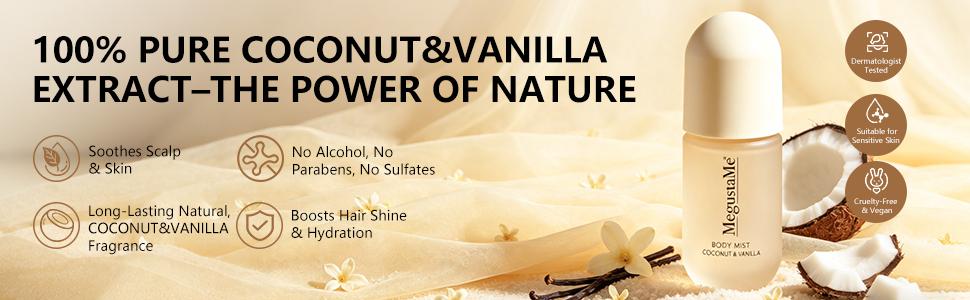 MegustaMe Coconut Vanilla Body Spray - Fresh Fragrance for Women, No p-Hydroxybenzoate or Phthalate, Long-Lasting Perfume