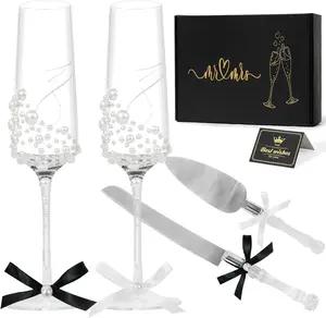 Wedding Toasting Flutes and Cake Server Set of 4 - Champagne Glasses and  Server Set, Bride and Groom  Glasses and Cake  Set Gifts for Bridal Shower Anniversary Engagement Chirstmas