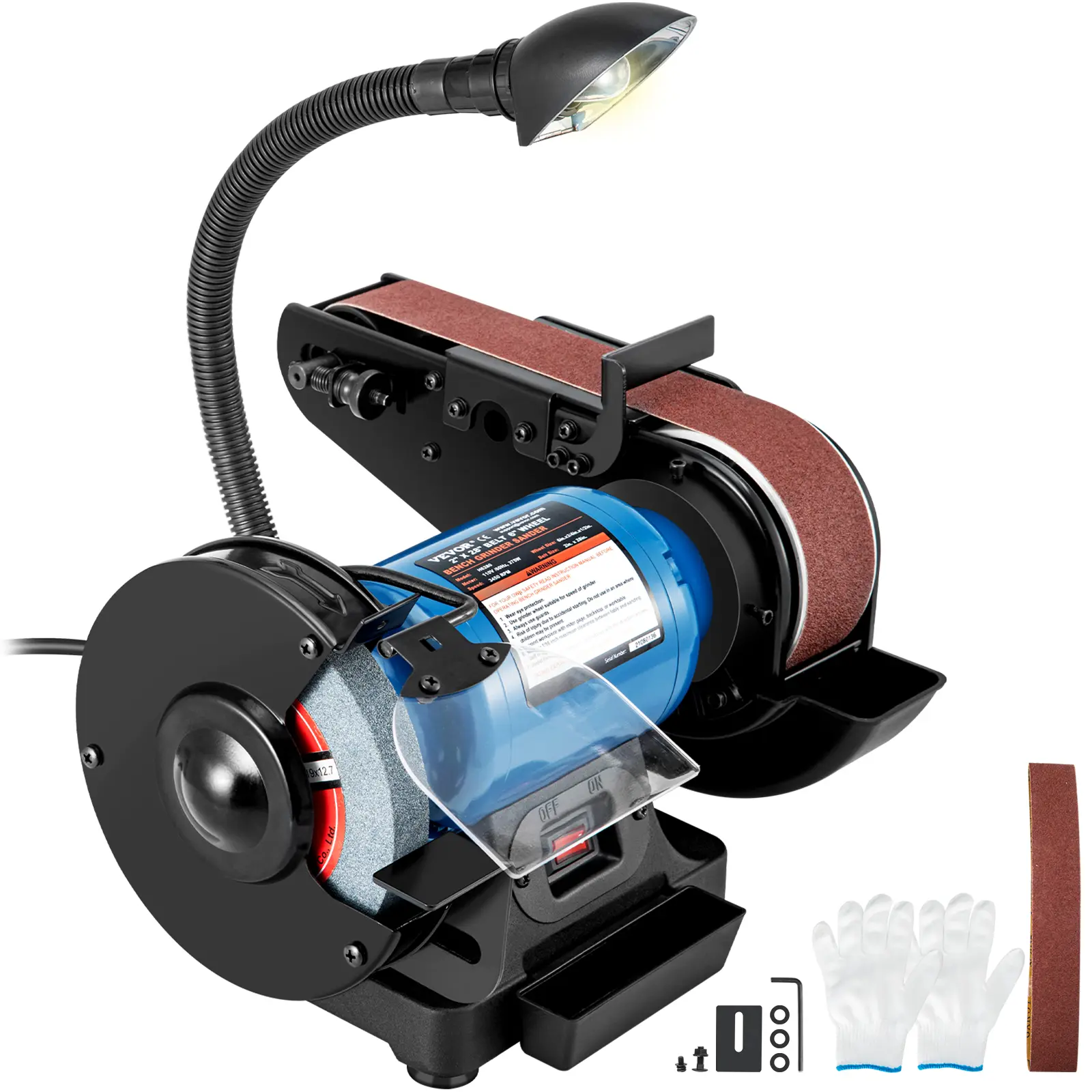 VEVOR 2-in-1 2in Belt Grinder & 6in Disc Bench Sander, 250W Strong Motor 3450rpm Industrial Hardware Power Tool, Detachable 90-Degree Belt Holder, Sturdy Base, Cooling Sink, LED Working Lamp for Home DIY, Workshop