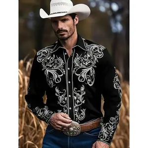 Men's Western Denim Shirt, Retro Long Sleeve Top, Work Shirt GARMENTARY