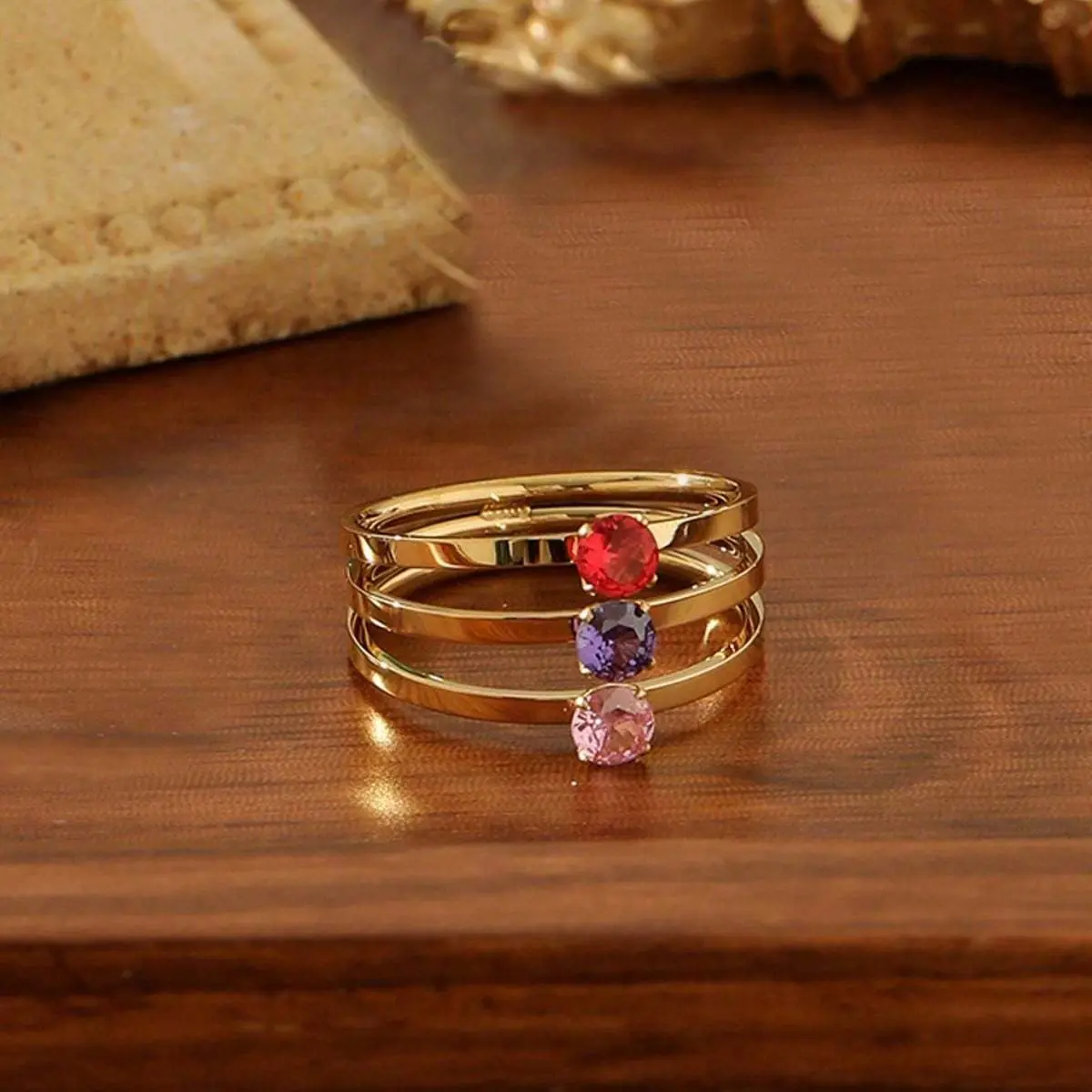 1Pc Luxury Bohemian Jewelry Ring - Stainless Steel Circular Band with Tricolor Gems, Sparkling Synthetic Zircon Sparkling Accents, Multi-Size Stackable Accessory for Dance Parties, Holiday Parties, Stackable Ring, Three-Gem Rings,summerwins