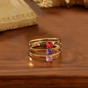 1Pc Luxury Bohemian Style Inlaid Circular Tricolor Sparkling Synthetic Zircon Stainless Steel Ring Suitable for Dance Parties, Holiday Parties, Beach Vacation Accessories