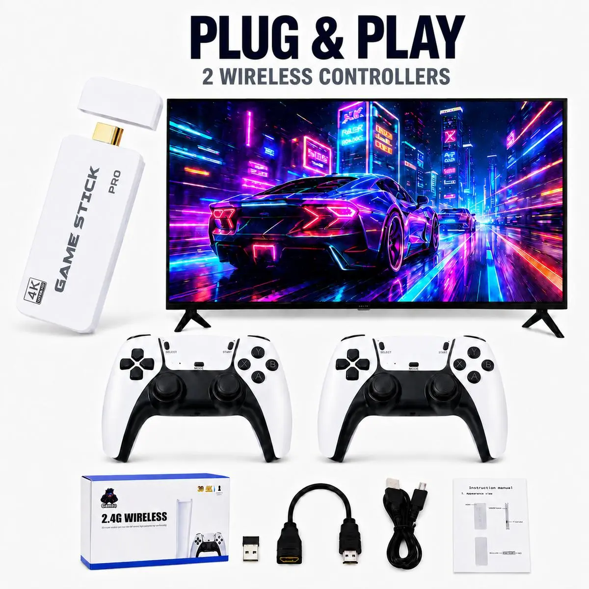 Retro Game Console for TV with Dual Wireless Controllers, Plug & Play Gaming System, Built-in Games for Family Game Night, Kids & Adults