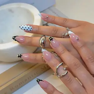 Black & White Press On Nails - Zebra Print Star Polka Dot - Rhinestone French Tip - Y2K Pop Punk Emo - Handmade Reusable Nail Set
