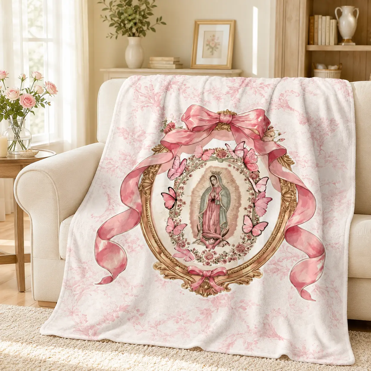 Virgin Mary Our Lady Of Guadalupe Pink Bow Frame Flannel Throw Blanket - Soft, Cozy, Lightweight Plush Portable Cover for Sofa - Religious Faith Home Decor, Warm Gift for Birthday, Christmas