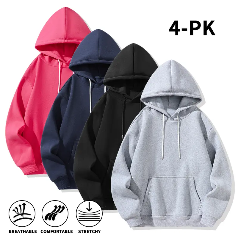 4 Pack Mens Solid Color Hoodies Oversized Pullover Hooded Sweatshirts Breathable Stretch Soft Comfortable Long Sleeve Pocket Hoodie Casual Streetwear Basic Athleisure Tops For Men Daily Workout Fall Winter Layer Outfits (Available in 4-pack or 2-pack)