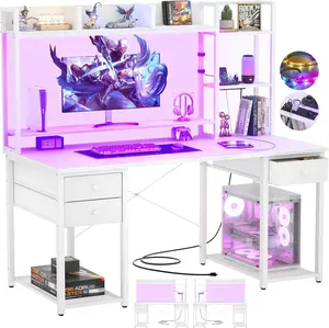 Desk with LED and Outlets, Gaming Desk with Hutch, Computer Desk with Drawers, Reversible office desk with storage bookshelf Large Workstation Desk with Shelf, Desk for Home Height Adjustable Desk Ergonomic Desk Chair Monitor Stand