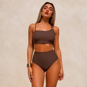 Women's Brown Asymmetrical High Waisted Bikini Set Two Piece Swimsuit, Solid Color Crop Swim Top with Ring Detail and High Rise Bottom, Modern Resort Beach Pool Swimwear for Vacation Summer