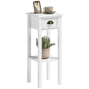 2-Tier Side Table with Drawer and Shelf – End Table for Living Room and Hallway, Slim 11.75" Wide, MDF Construction, Anti-Tipping Strap, 33 lbs Capacity, White