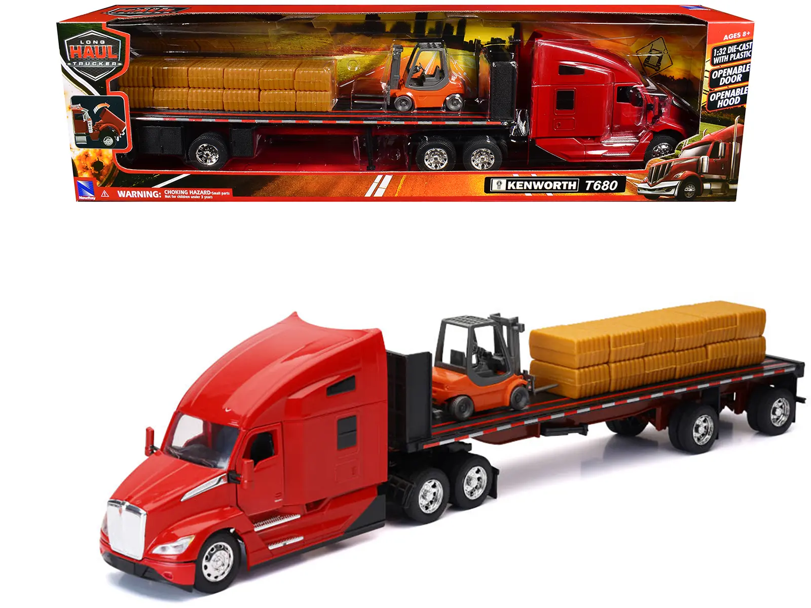 Kenworth T680 Truck Red and Flatbed Trailer with Forklift and Hay Load "Long Haul Trucker" Series 1/32 Die Cast Model by New Ray