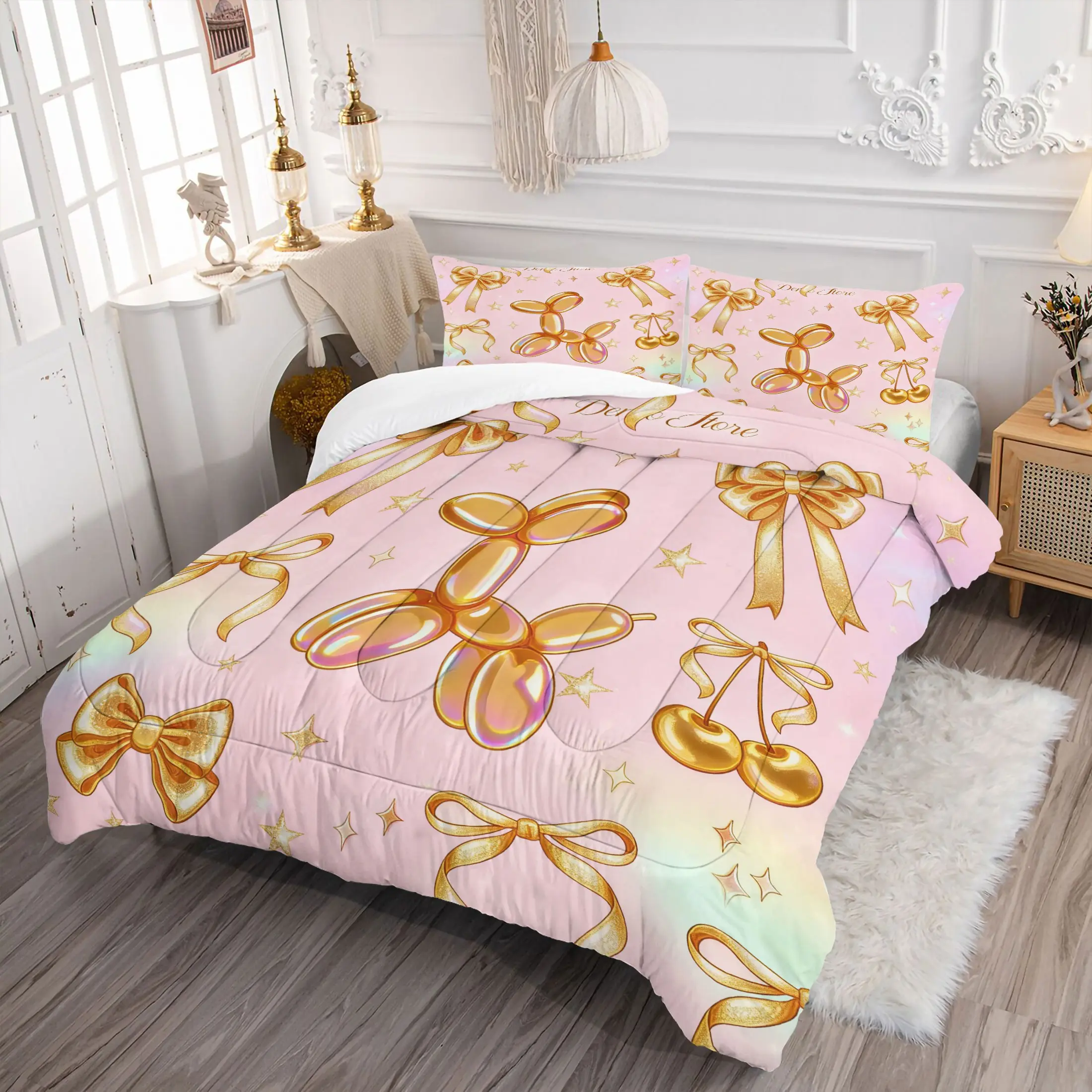 2/3pcs Pink Gold Balloon Dog & Bow Print Comforter Set, Coquette Quilt, Soft Microfiber Bedding Set with Pillowcase, Pastel Cherry & Star Bed Set for Teen Girls & Princess Bedroom Decor