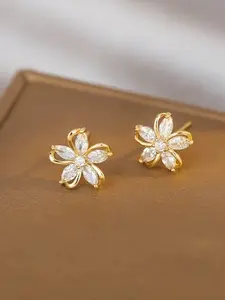 Hypoallergenic Gold Flower Diamond Stud Earrings - Elegant Dainty Fashionable Earrings Jewelry for Women's Daily Wear, Party & Special Occasions