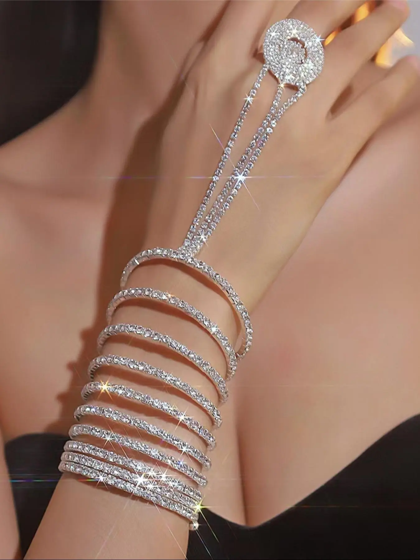 1 shimmering multi-layer rhinestone elastic finger bracelet, women's party style bracelet, Exquisite Bracelet, perfect gift for ladies, Stretch Bangle, Elegant Bangle Bracelet, Multilayered Bangles