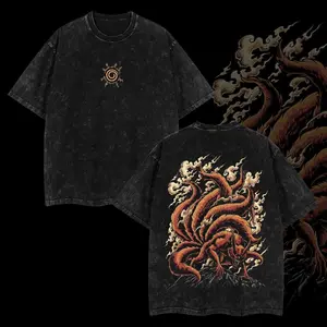 COLORTONE - "Jinchuriki Kurama Nine Tailed Fox" Narut0 Shippuden Retro Vintage Unisex Oversize Anime Manga Acid Washed, Full Size