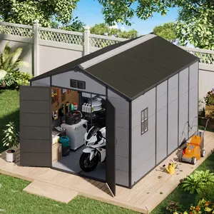 8x12 FT Outdoor Storage Shed with Lockable Double Doors&Built-In Floor, Weather-Resistant Metal Garden Shed with Sloped Roof for Backyard, Patio & Lawn, Gray/Black