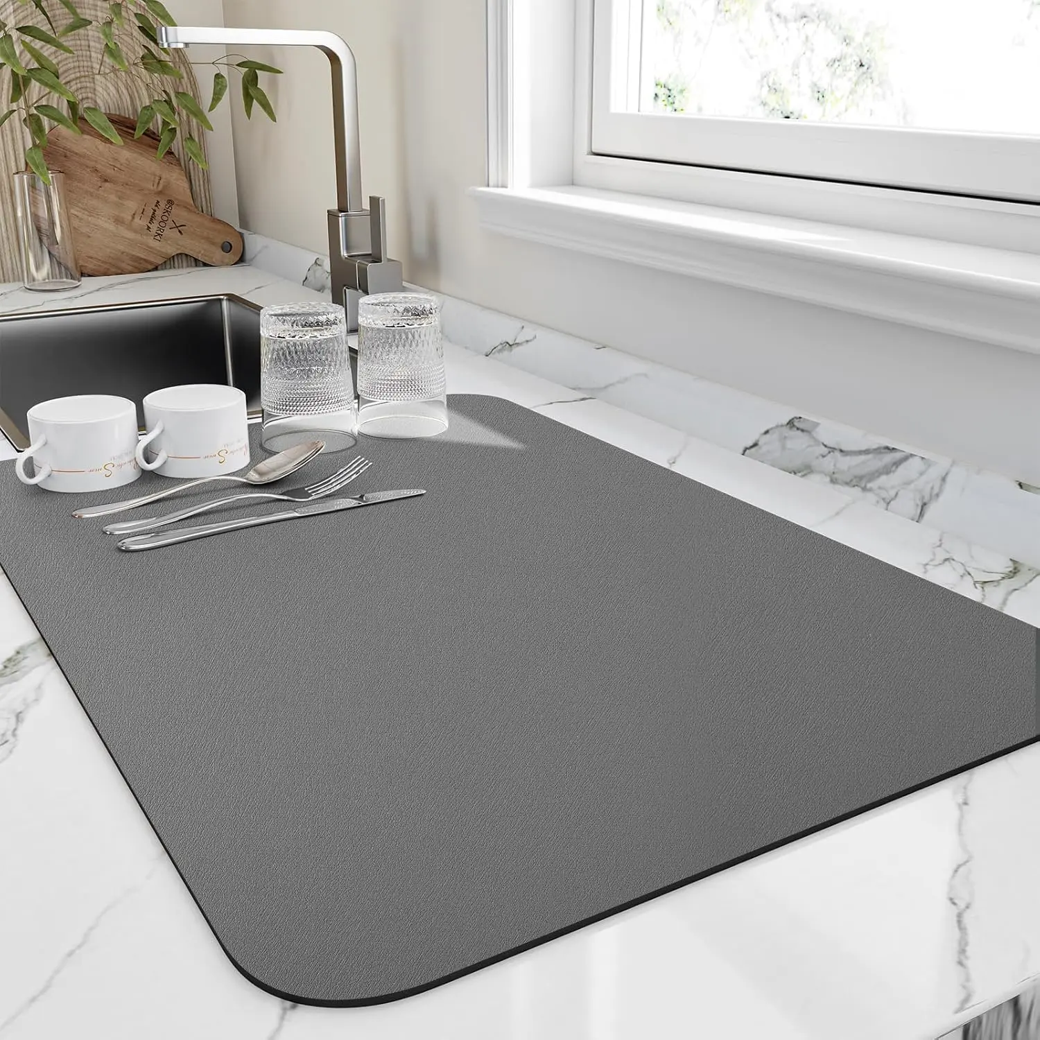 Dish Drying Mat for Kitchen Counter, Heat Resistant Drainer Mats with Non-slip Rubber Backed, Hide Stain Kitchen Super Absorbent Draining Mat, Easy to Clean Dish Rack Pad, Dark Grey 16"x18"