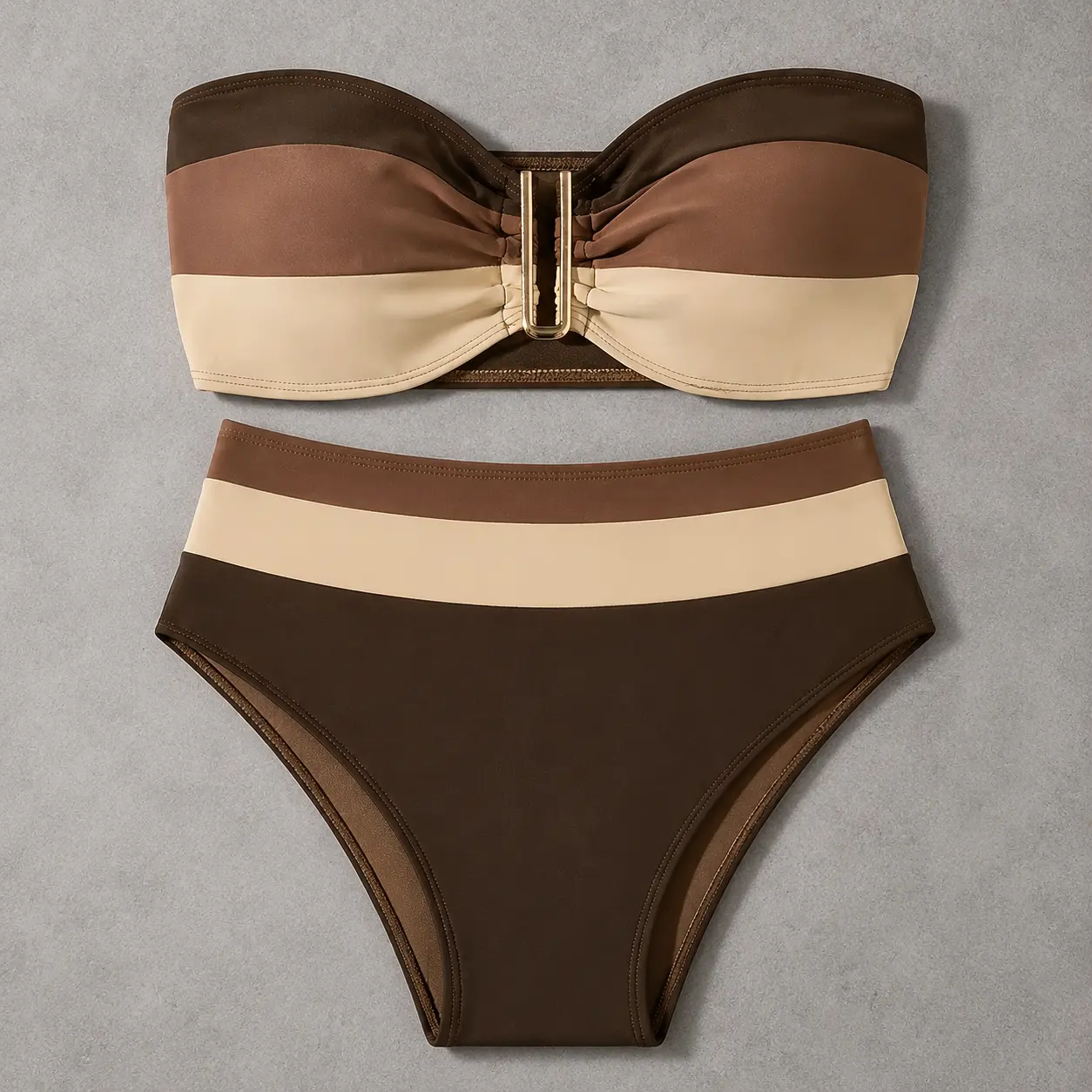 Brown Taupe Cream Color Block Bandeau Bikini Set for Women, Strapless Two Piece Swimsuit with Center U Hardware Detail, High Cut Bikini Bottom, Minimalist Contrast Panel Swimwear for Beach Pool Vacation Resort Wear