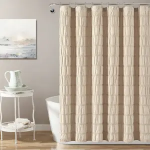 Waffle Striped Woven Cotton Shower Curtain Beige - Lush Décor