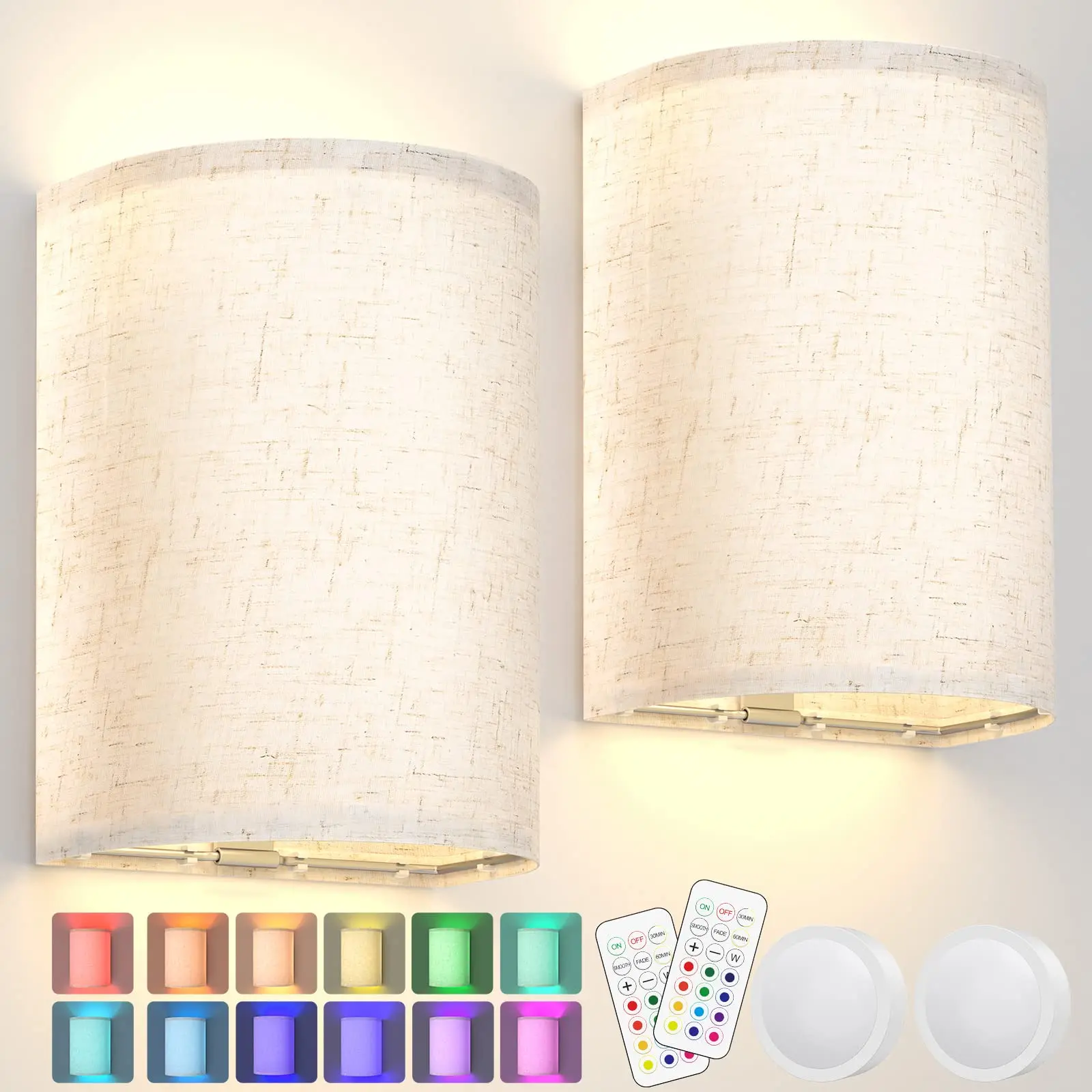 Rechargeable Wall Sconce Magnetic Wireless Wall Lamp RGB Colors Dimmable with Fabric Linen Shade and Remote, Wall Sconce Lighting Decor Set of 2 for Bedroom Living Room Hallway