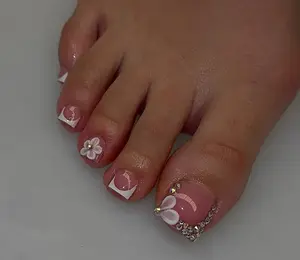 Floral White French Tip Press on Toe Nails, Sturdy False Fake Press on Toe Nails, Reusable