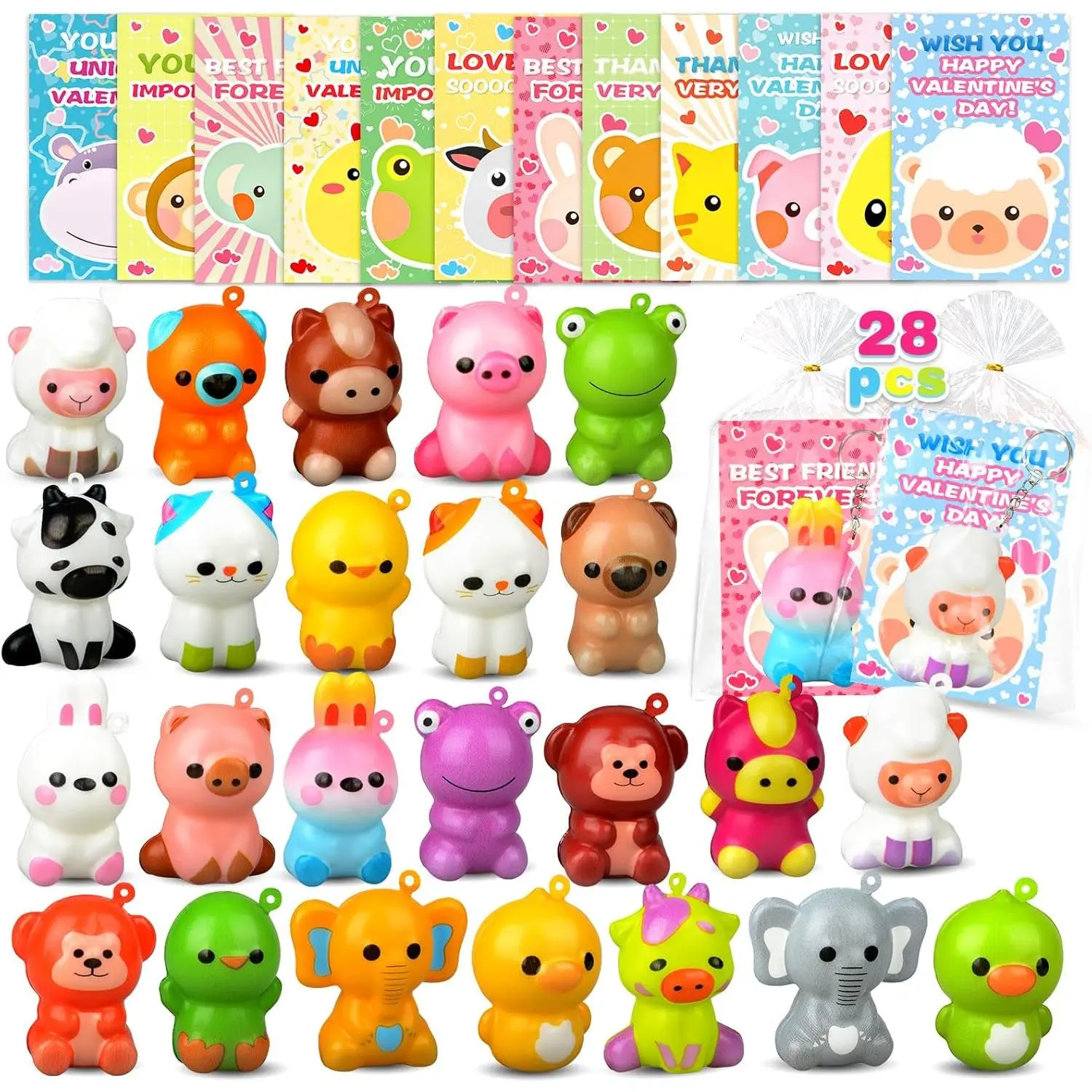 Valentines Day Gifts for Kids, 28 PCS Animal Squishy Toys Keychains with Valentines Day Cards, Valentines Day Classroom Exchange Party Favors for kids 4-8