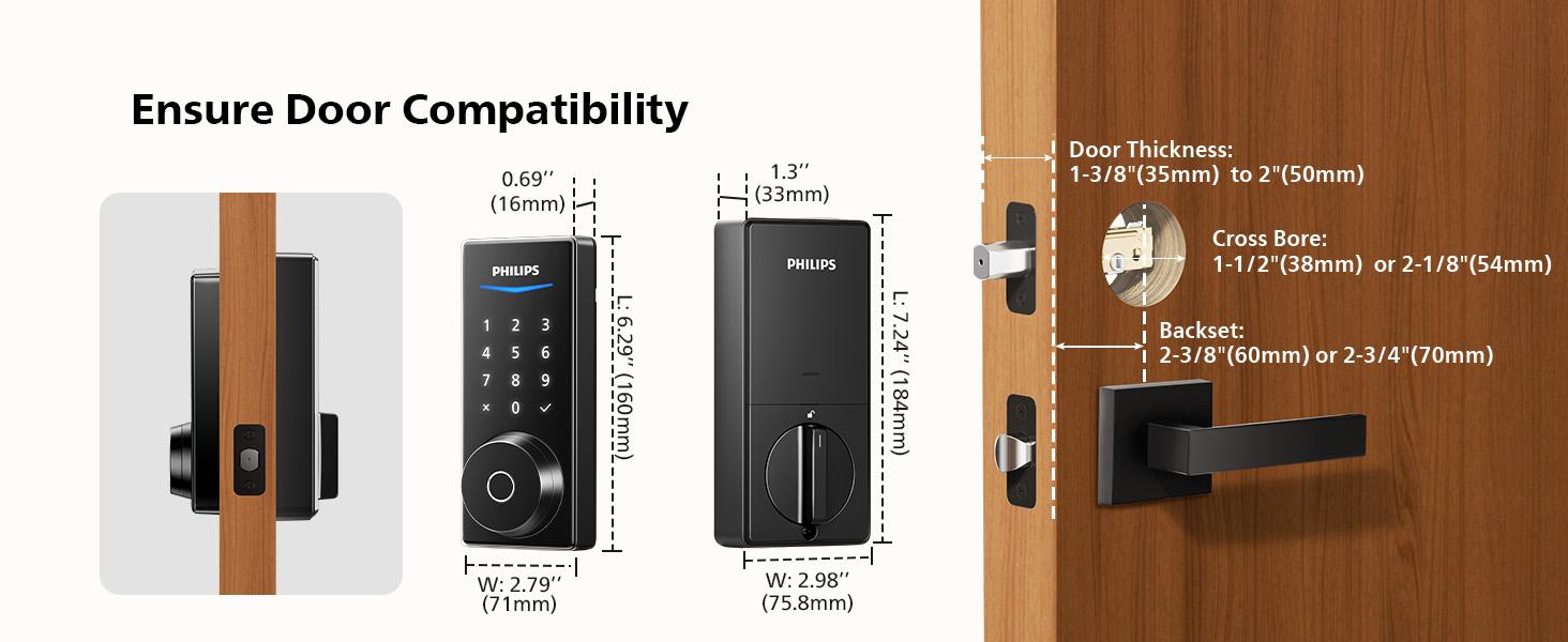 Philips Built-in WiFi Smart Lock, Keyless Entry Door Lock with App, Touchscreen, Fingerprint Door Lock — Compatible with Alexa & Google, Splash-Proof Design, Includes 8 Batteries, Black
