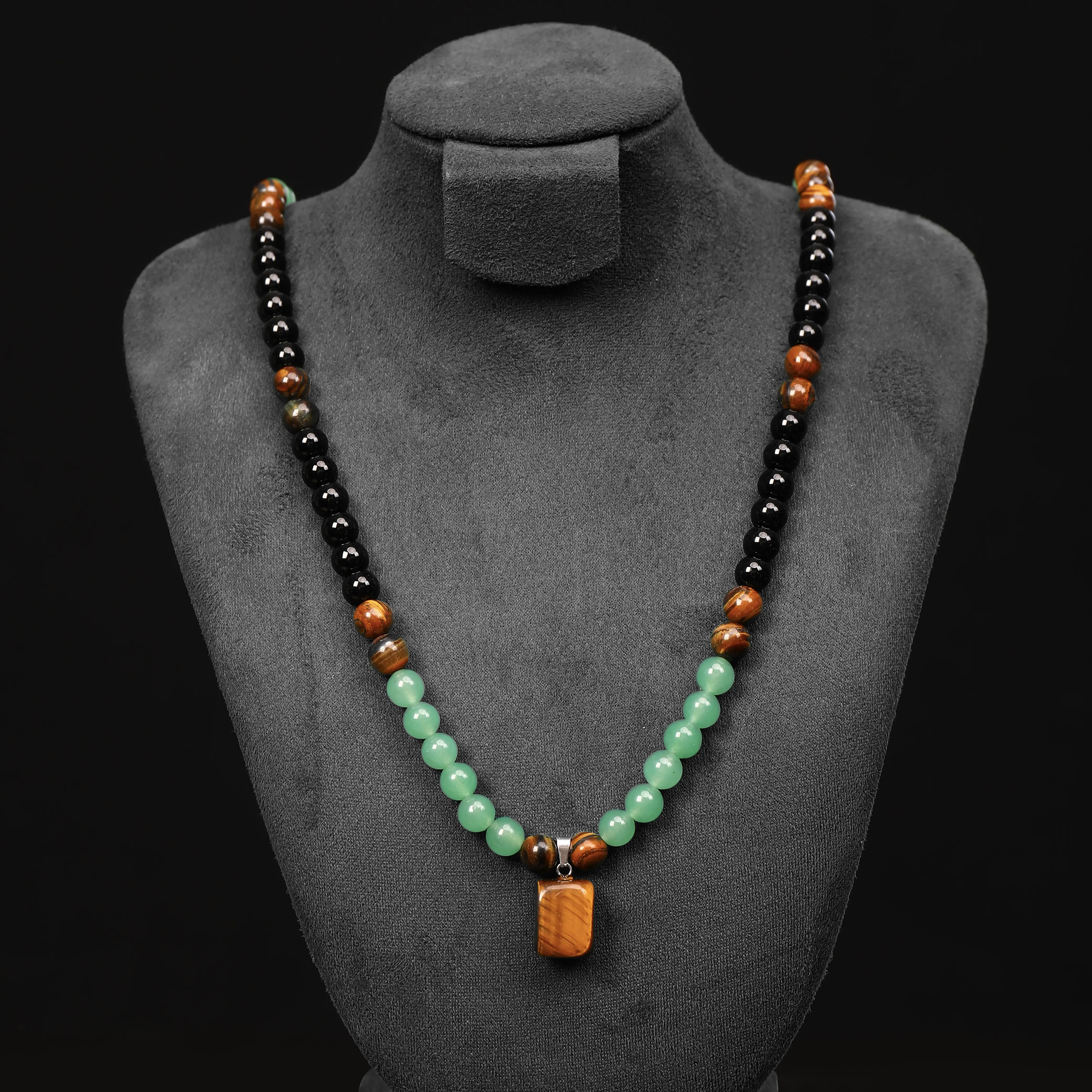 Crystal Jewelry Set with Green Aventurine Pendant Necklace on Long Chain and Tiger Eye Beaded Bracelet, Unisex Healing Stones for Wealth Attraction, Crystal Necklaces, Adventurine And Tiger Eye Beads Necklaces