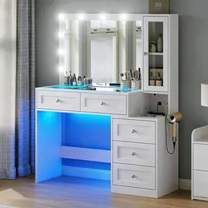 Vanity Desk with Mirror, Makeup Vanity Desk with 5 Drawers, Glass Top, 11 Adjustable Brightness Lights, Power Outlet, Modern Indoor Furniture