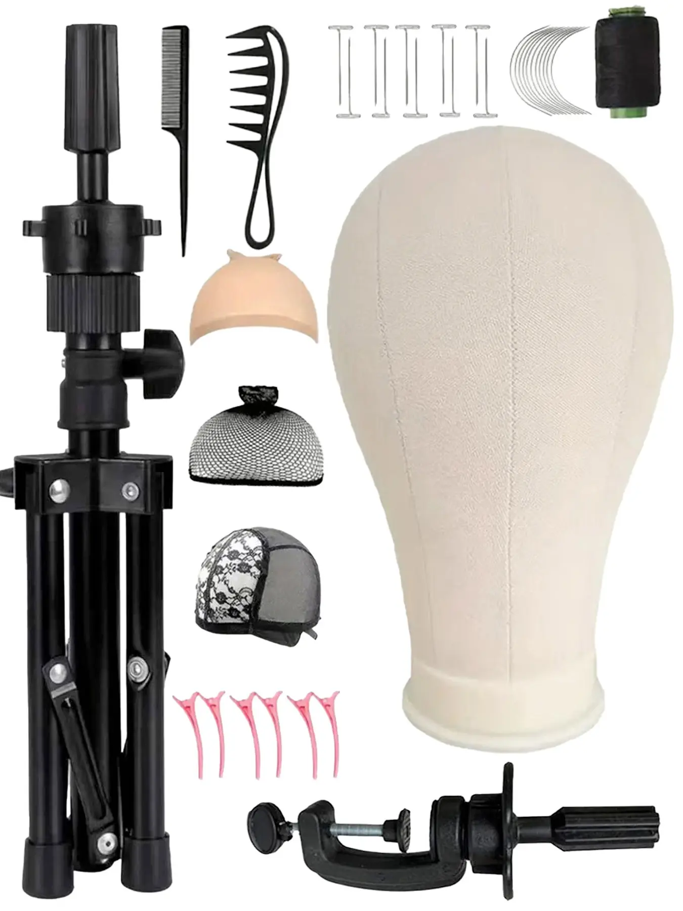 22 Inch Canvas Wig Head with Adjustable Tripod Base, Mannequin Head, Doll Head Cover for Styling Display, Includes Hat Elastic Band Base Tools Set, Wig Installation Kit