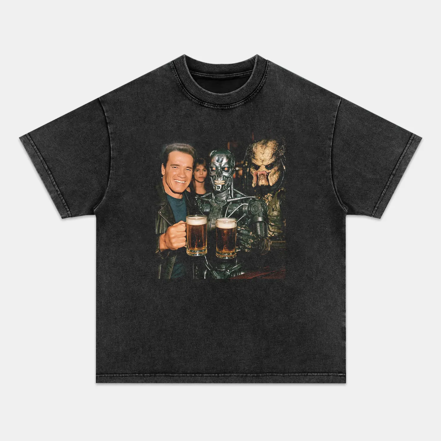 PREDATOR Menswear Garment, Unisex Vintage Ribbed Crew Neck Regular Fit Cotton T-shirt, Distressed Funny Shortsleeve Casual Breathable Top for Streetwear 102103