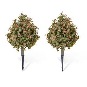 Artificial Topiary Trees with Metal Ground Spike - Lifelike Faux Greenery for Outdoor & Indoor Home Decor - Set of 2, Ideal for Front Porch, Garden, Easy Maintenance