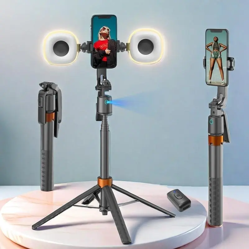360-Degree Rotatable Selfie Stick Tripod, Rechargeable Smart Face Tracking Tripod with 2 Fill Light Selfie Video Light, Auto Face Tracking Phone Holder for Vlog, Live Streaming, Compact Selfie Stand, Smartphone Camera Accessories