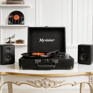 Myvision Vintage Litchi Grain Finish Vinyl Record Player - Newly Upgraded 3-Speed Portable Suitcase Turntable with Bluetooth Audio, Stereo Speakers, USB, DVD, BGM Functions - The Record Player for Home Decoration, Mother's Day Gift