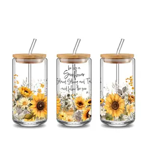 Elegant Sunflower Inspirational Design 16oz Glass Water Cup with Lid and Straw, Bamboo Lid Reusable Glass Drinking Cup, High-Quality Glass Jar Design, Suitable for Iced Coffee, Beer, Juice, Milk, Cold Drink Glass Cups, Clear Water Tumblers, Drinkware