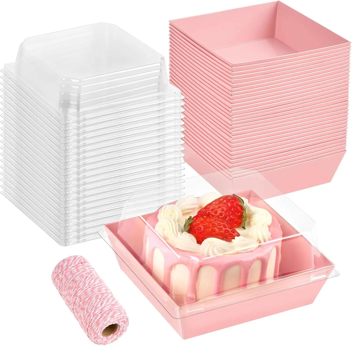 50PCS Small Pink Paper Charcuterie Boxes with Clear Lids, Disposable Sandwich Boxes Square To Go Food Containers for Desserts, Strawberries, Cake Slice and Cookies