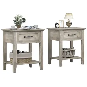 Modern Bedside Table Set of 2, Grey 2-Tier Storage Nightstands with Drawer, Dresser-Included Side Tables for Bedroom, Living Room, Nightstand Sets Of 2