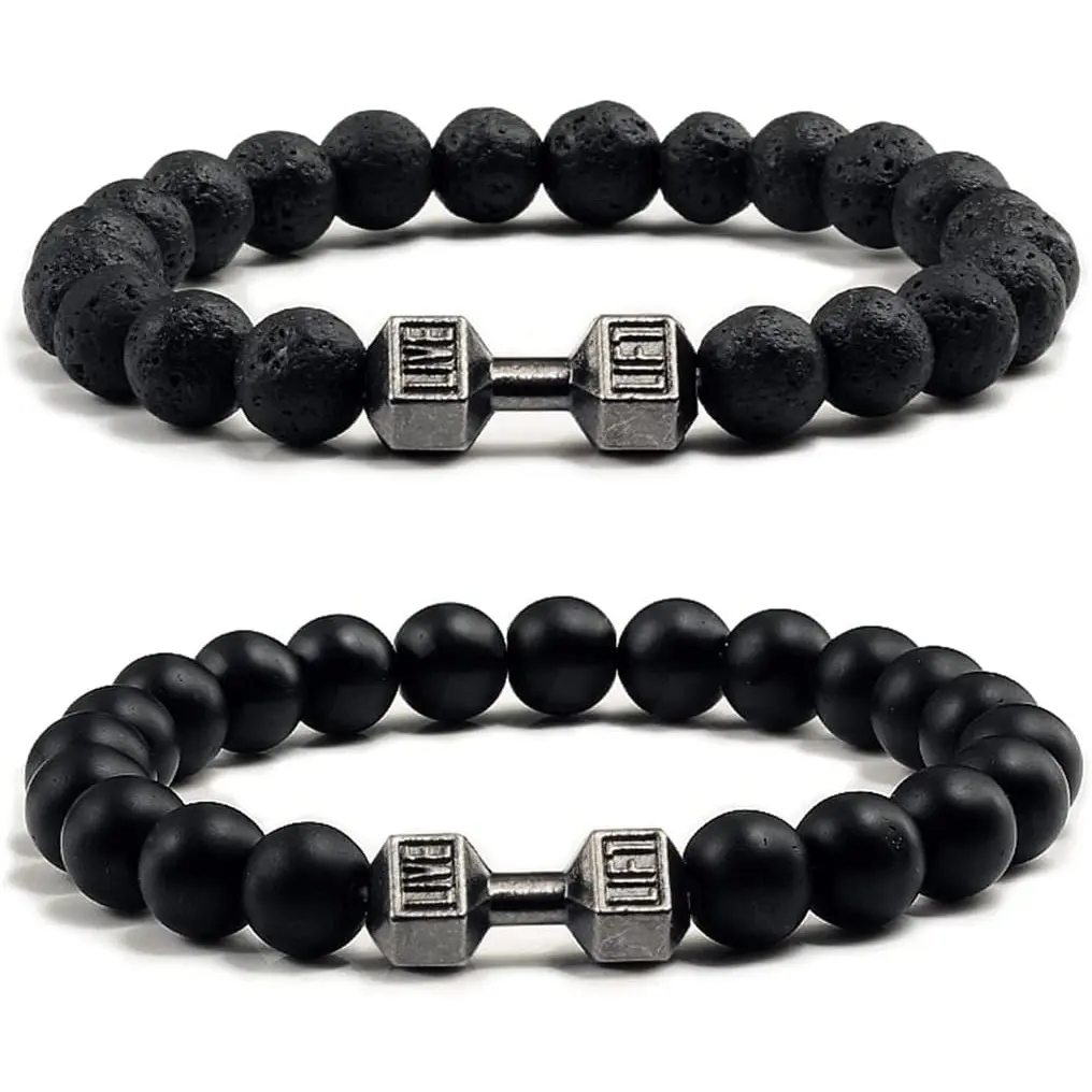 Black Charm Dumbbell Bracelet for Men Gym Bros Bracelet 8mm Natural Volcanic Lava Stone Stretch Beads Bracelet Gym Yoga Anxiety Beaded Bracelet Fitness Barbell Jewelry for Men