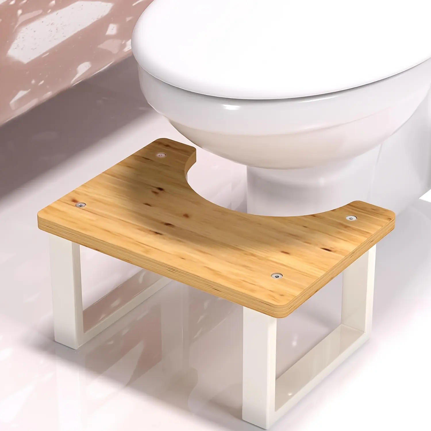 Adult Bamboo Backless Foldable Bathroom Toilet Stool - White, 7 in, Non-Slip Auxiliary Step Stool with Adjustable Arms & Cushion, Easy Storage & Portability, Improves Squatting Posture, Thoughtful Fathers' Day Gift