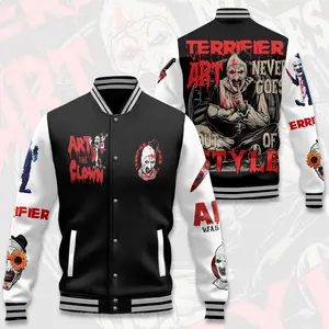 Terrifier Varsity Jacket, Horror Clown Graphic Design, Slasher Movie Streetwear Style, Trendy Unisex Outfit Gift