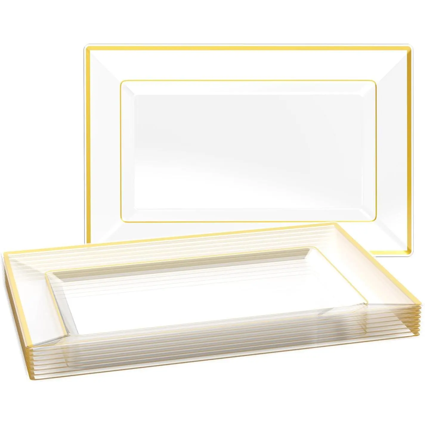8 count Plastic Serving Trays for Party, Clear and Gold Rim Serving Platters and Trays,  Plastic Fruit Tray, Disposable Platters for Cupcake, Dessert, Appetizers