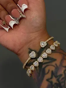 2 Piece Elegant Heart Shape Zircon Bracelet Set, Women's Luxury Party Jewelry, Stackable Bangle, Perfect for Daily Wear and Gifts