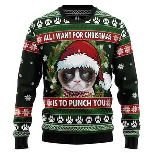 All I Want Is To Punch You Sweater, Funny Grumpy Cat Christmas Jumper, Adult Holiday Gift, Sarcastic Xmas, Anti-Christmas Ugly Sweater.
