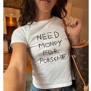 Need Money for Porsche Baby Tee – Trendy Short Sleeve Crewneck Crop Top, Casual Cotton Graphic Shirt for Women