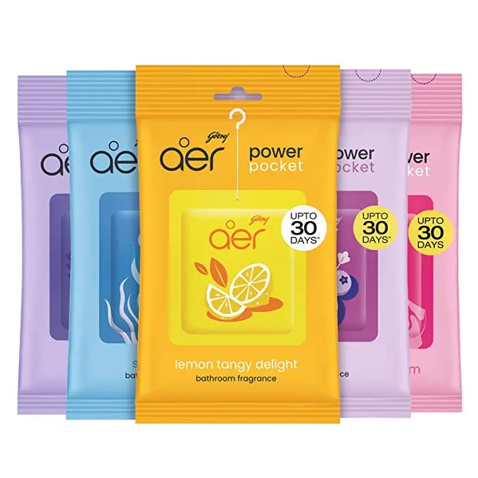 Godrej Aer Power Pocket Hanging Scented Air Freshener (Aroma & Fragrance Boost) - Assorted Pack of 5 with Advanced Scent Tech, Citrus, Lavender, Berry, Floral Rose, Fresh Scents, Colorful Packs for Bathrooms