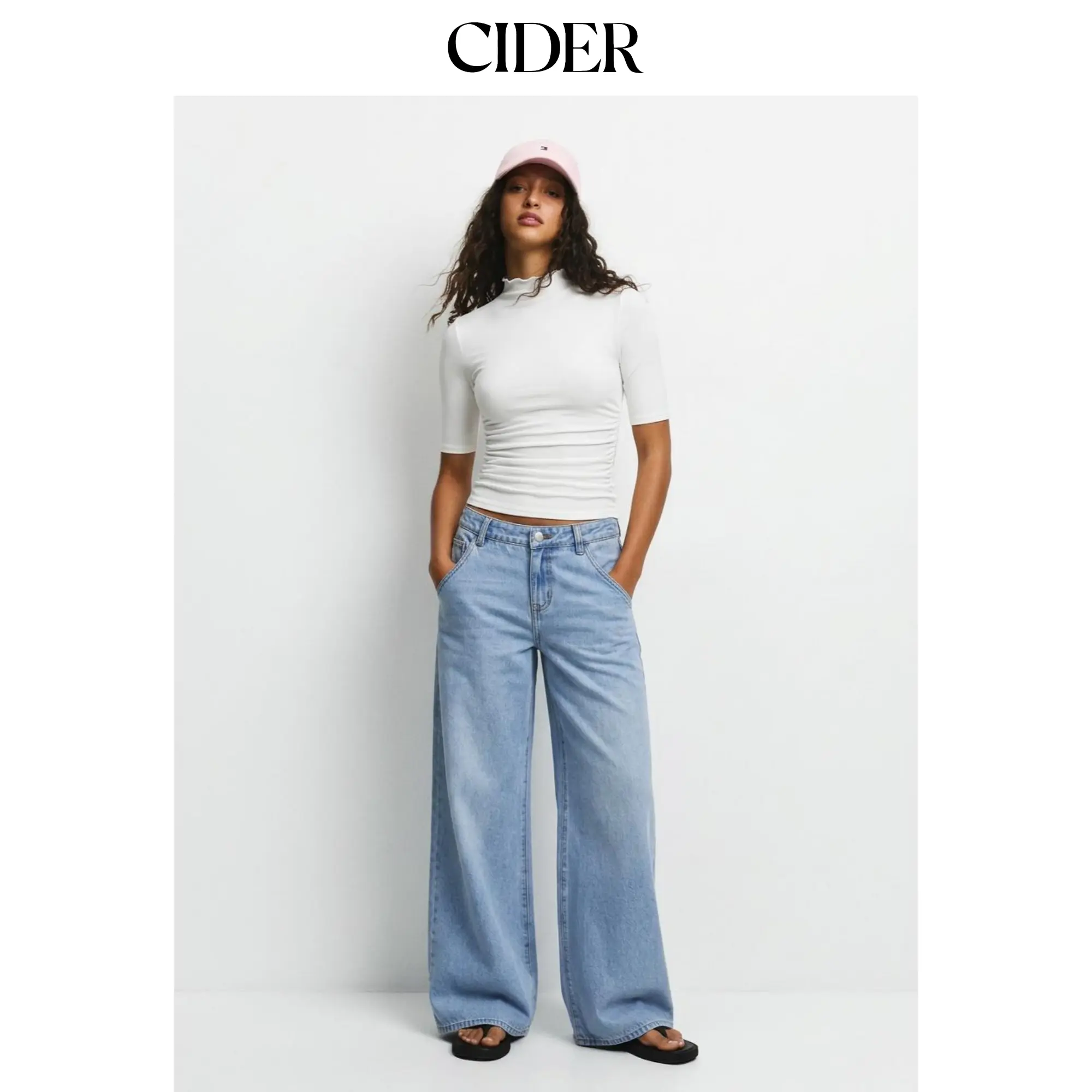 Cider Women's Ribbed Ruched T-Shirt with Stand Collar, Lettuce Trim Details and Mid-length Sleeves, Tshirt, Basic