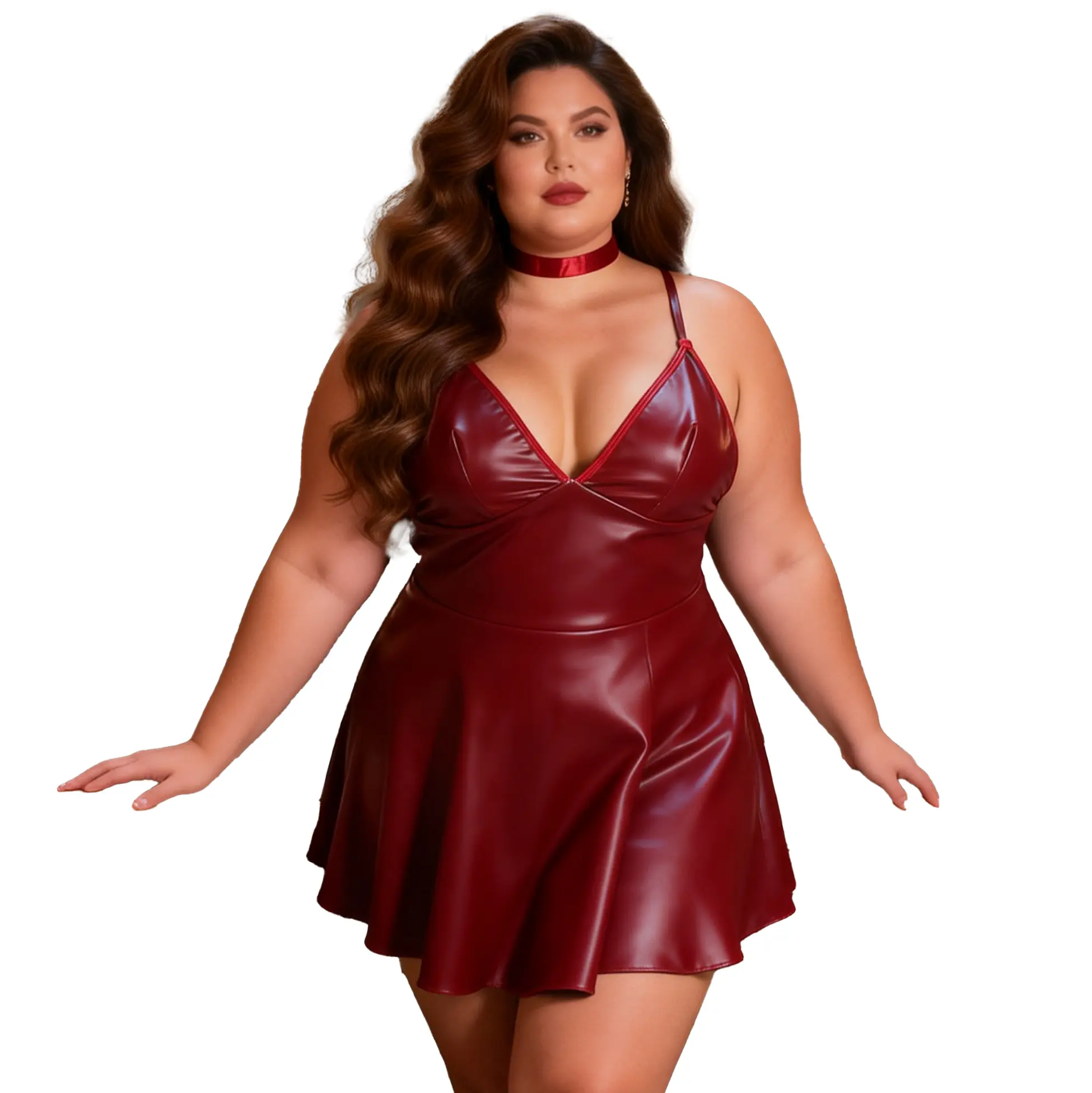 OHYEAH Women's Sexy Faux Leather Mini Bodycon Dress V-neck Backless Babydoll Dress, Feminine Adjustable Spaghetti-Strap Lingerie, Sleeveless Plus-Size Pleated Steampunk Clubwear for Night Out Wedding Loungewear Nightwear Womenswear Dress