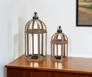 360 stand Brown Wood & Glass Floor Lantern Pillar Candle Holders - 2 Pieces Light Floor Decor with Rustic Finish, Modern Home Decor Accessory, Ideal Wedding Gift for Home Supplies, Decorative, Set