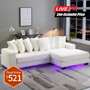 [Shipped in 3 packages] Niccae L-shaped modular sofa (LED light strip version) with ambient lighting, quilted corduroy, convertible into a bed, adjustable footstool, suitable for living rooms, apartments or home offices, self-assembly required