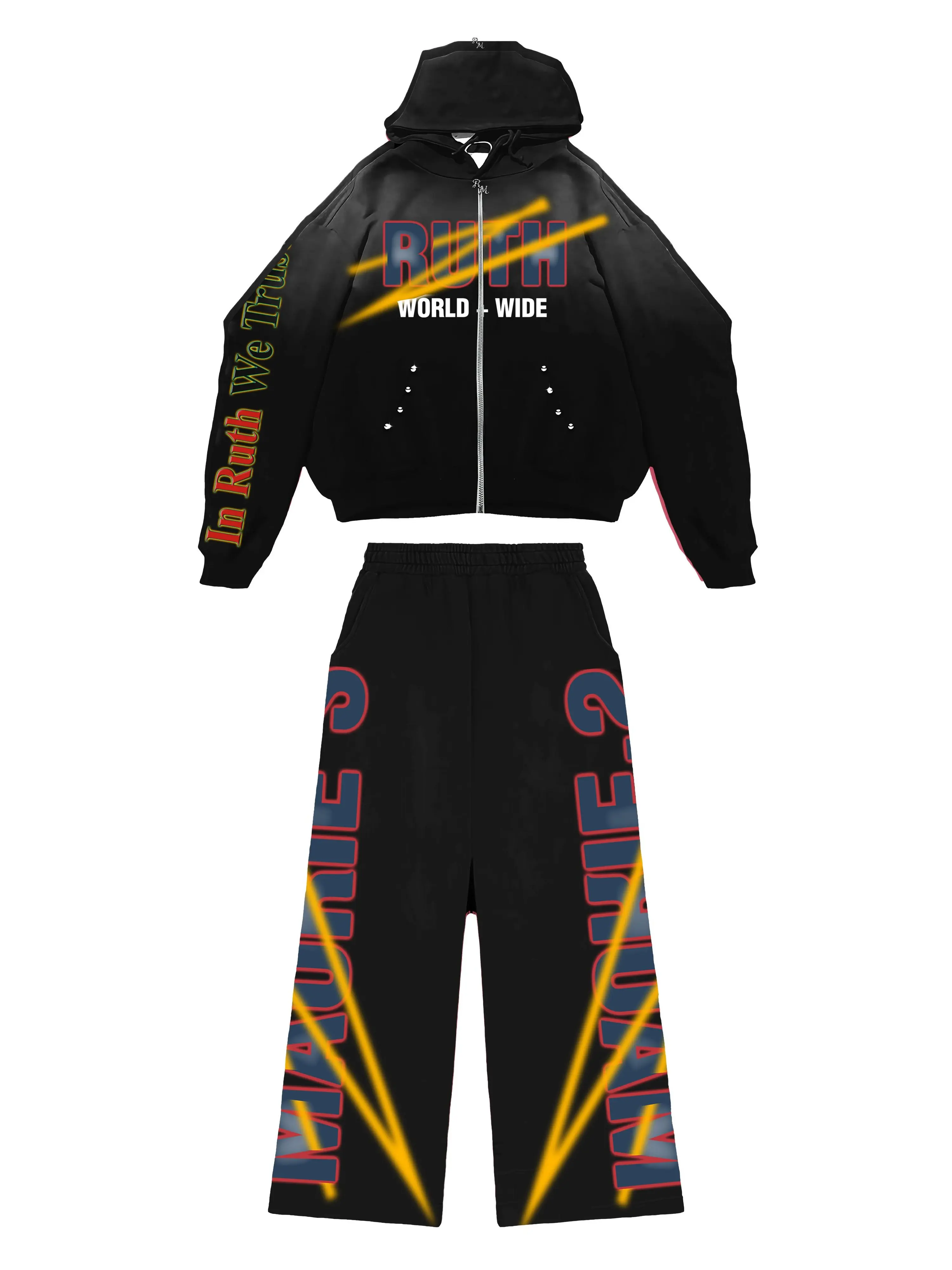 RUTH MAURIE'S Men's 2-Piece Casual Clothes Set - 400 GSM Heavyweight Zipper Hoodie, Long Sleeve Jacket, Back-Pocket Shine Pants with Print & Rhinestones, Custom Zipper, Washed Look, Machine Washable, Cold Wash